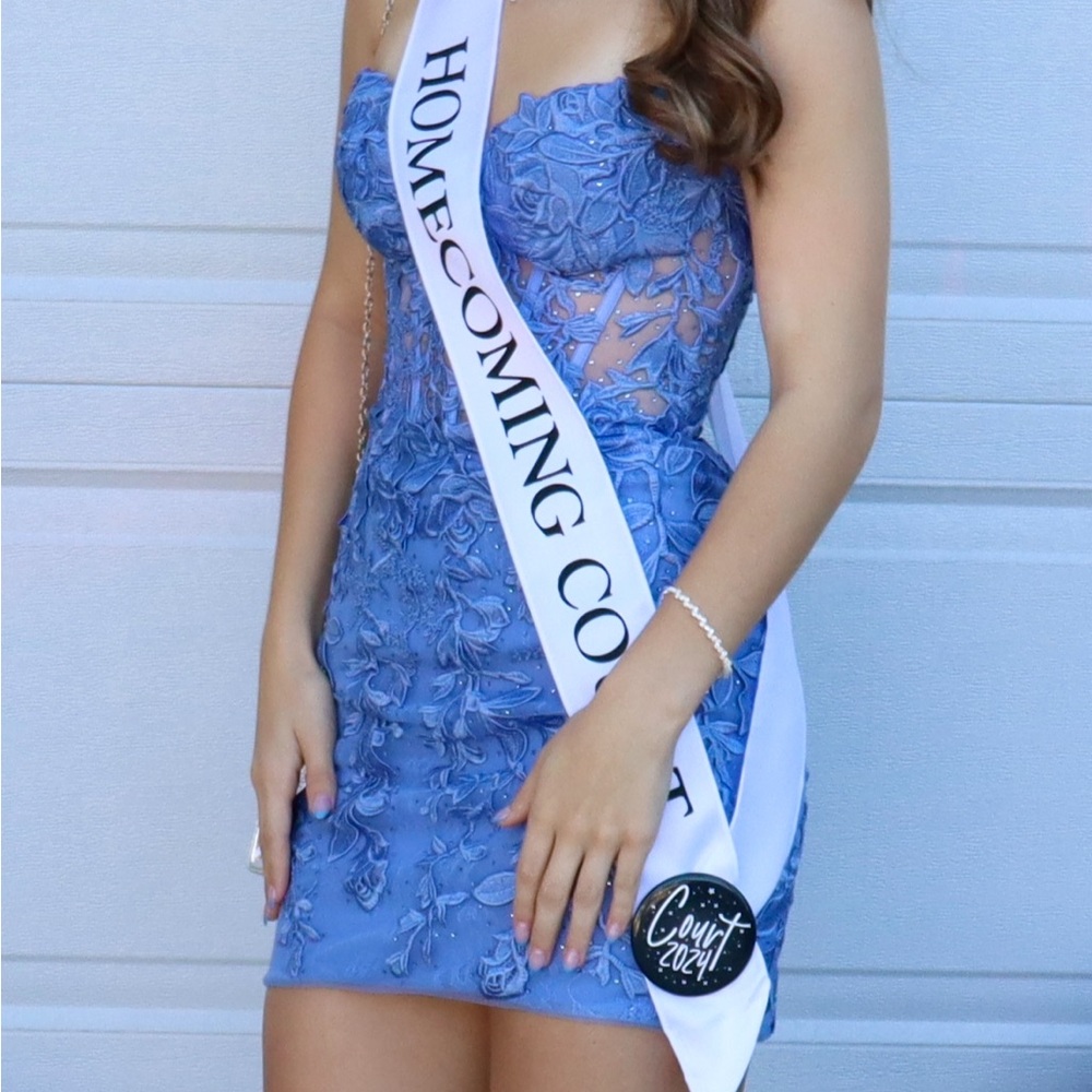 Sherri Hill Strapless Blue Floral Dress